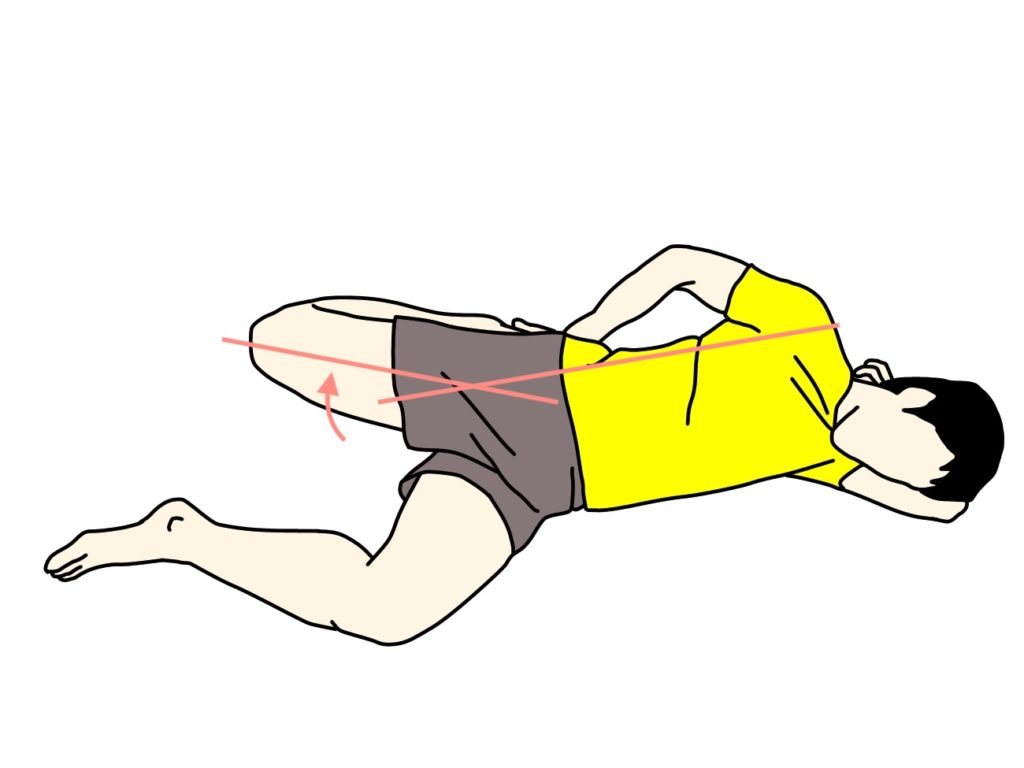 横向きにねた姿勢で行うもも前（大腿四頭筋）のストレッチ