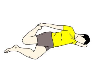 横向きにねた姿勢で行うもも前の筋肉（大腿四頭筋）のストレッチの方法