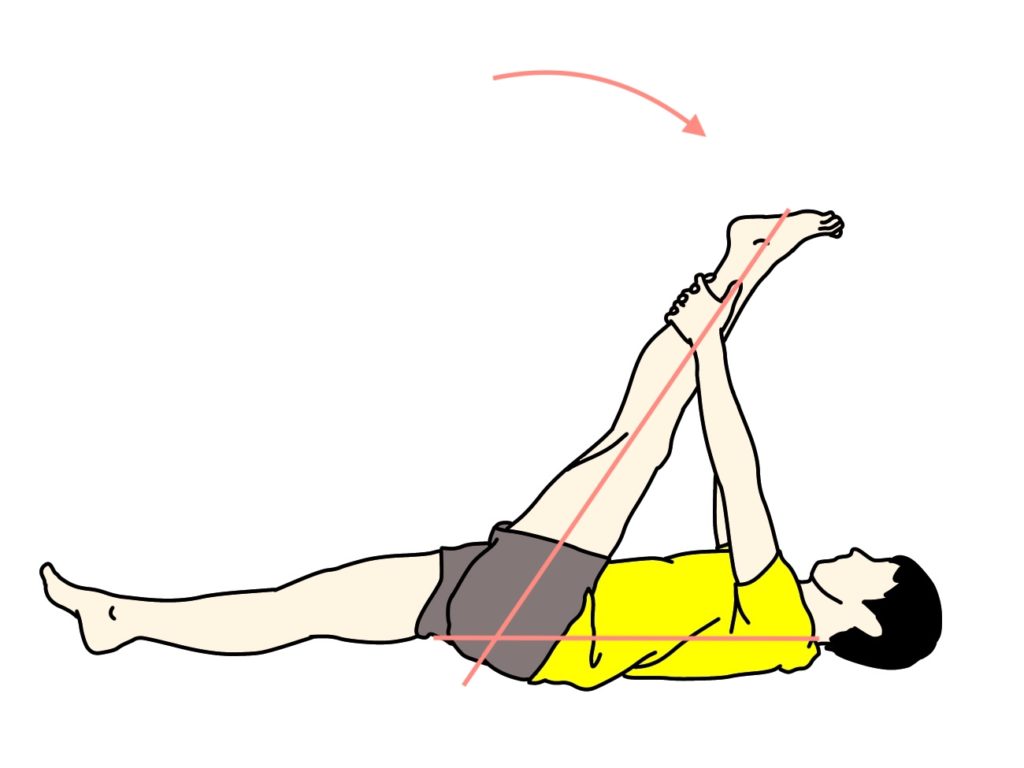仰向けで脚を上げて行うもも裏 ハムストリングス のストレッチ