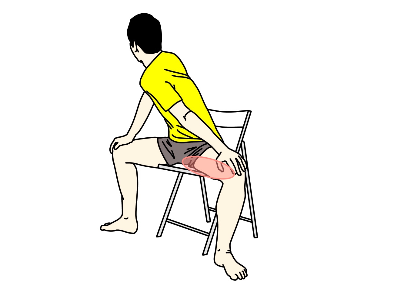 椅子に座った姿勢で行う内ももの筋肉（内転筋群）のストレッチで伸びる場所