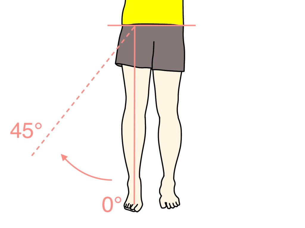 脚を外側に上げる動作（股関節の外転）の関節可動域（ROM）