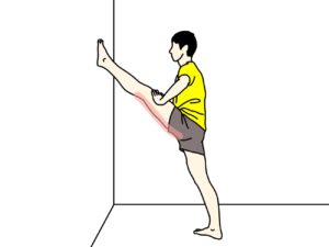 壁に足をつけて行うもも裏(ハムストリングス)のストレッチで伸びるところ