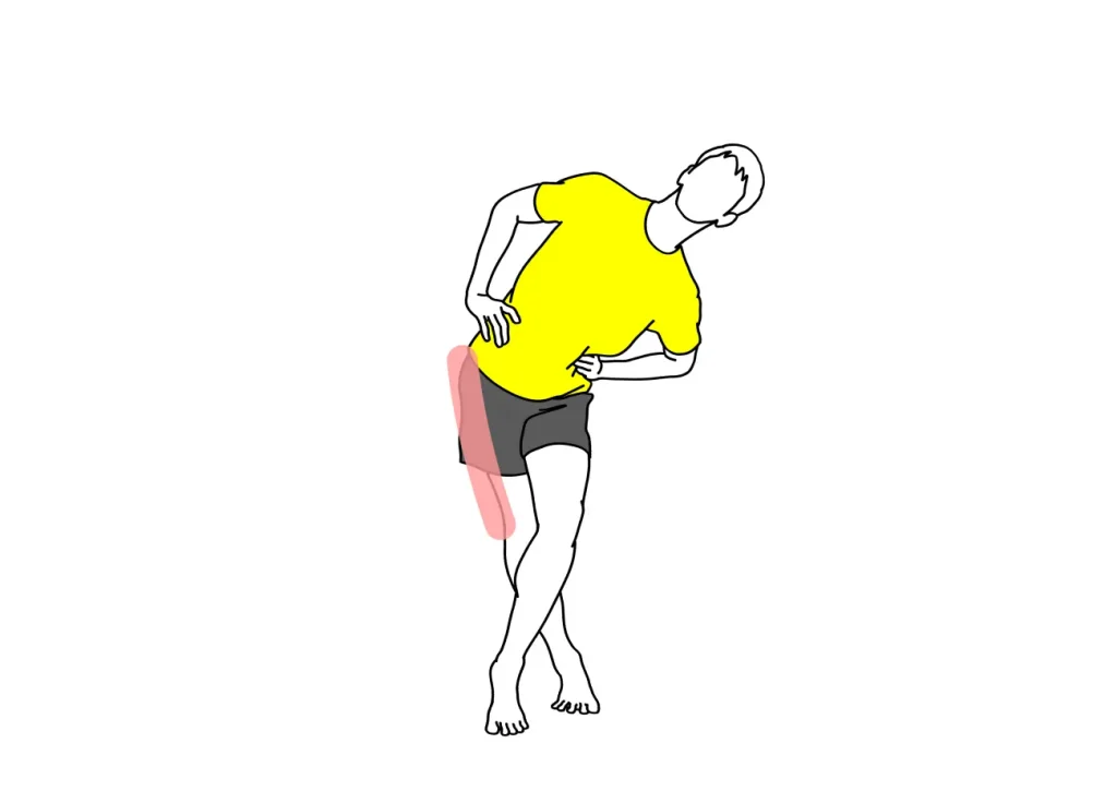 立った姿勢で行う大腿筋膜張筋のストレッチ